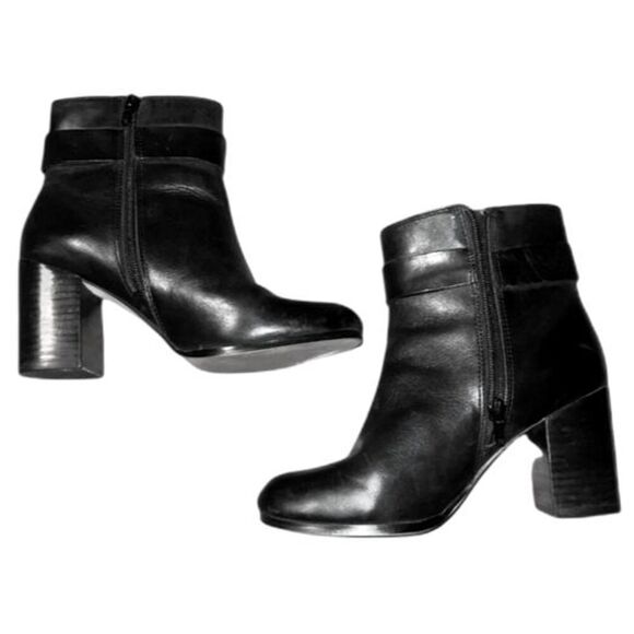 Land's End Womens 6.5 37 Black Buckle Leather Ankle Boots Size Zip High Top Heel - Picture 2 of 5